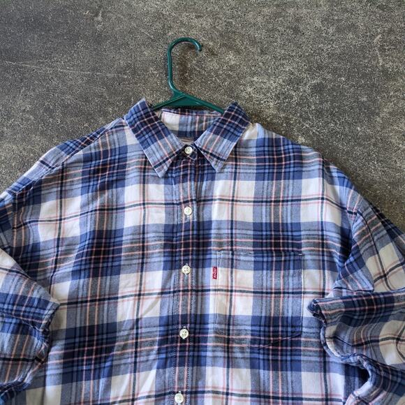 Levi's Crop Flannel Shirt Womens M Blue Pearl Snap Plaid Relaxed Grunge Y2K - Picture 2 of 7